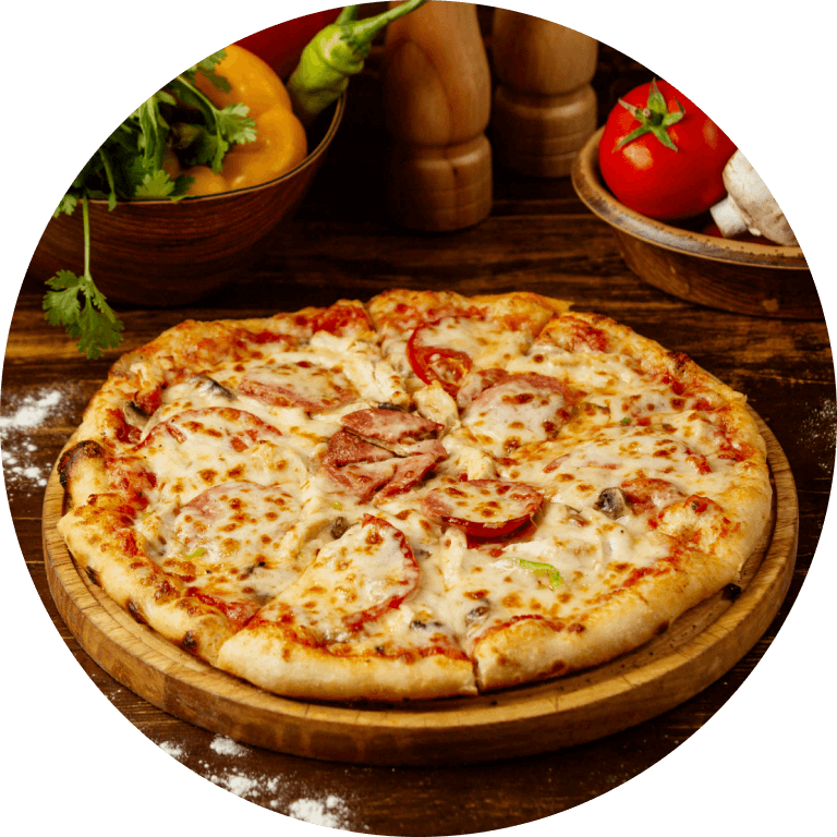 A pizza on a wooden plate