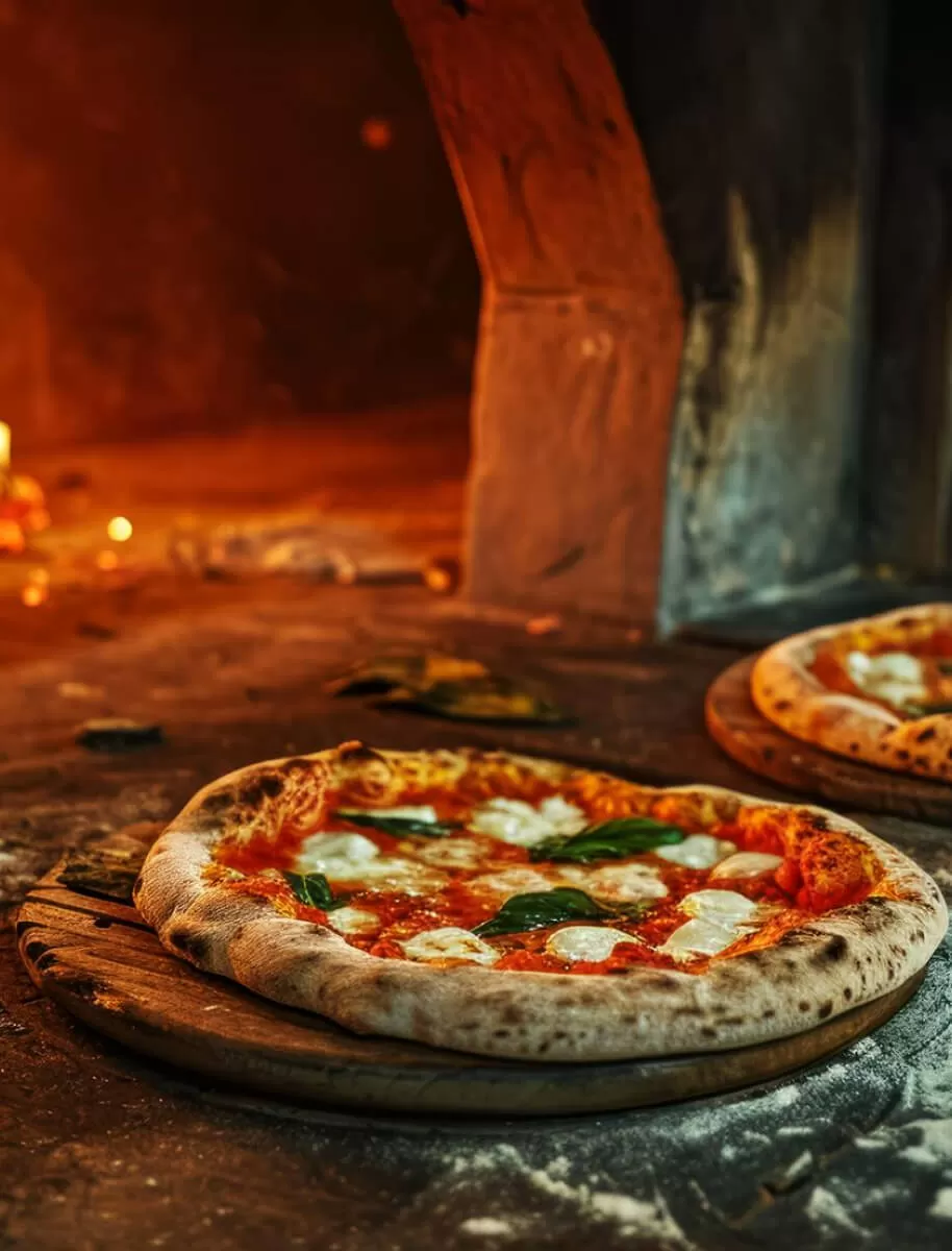 Freshly baked pizza in a woodburning oven